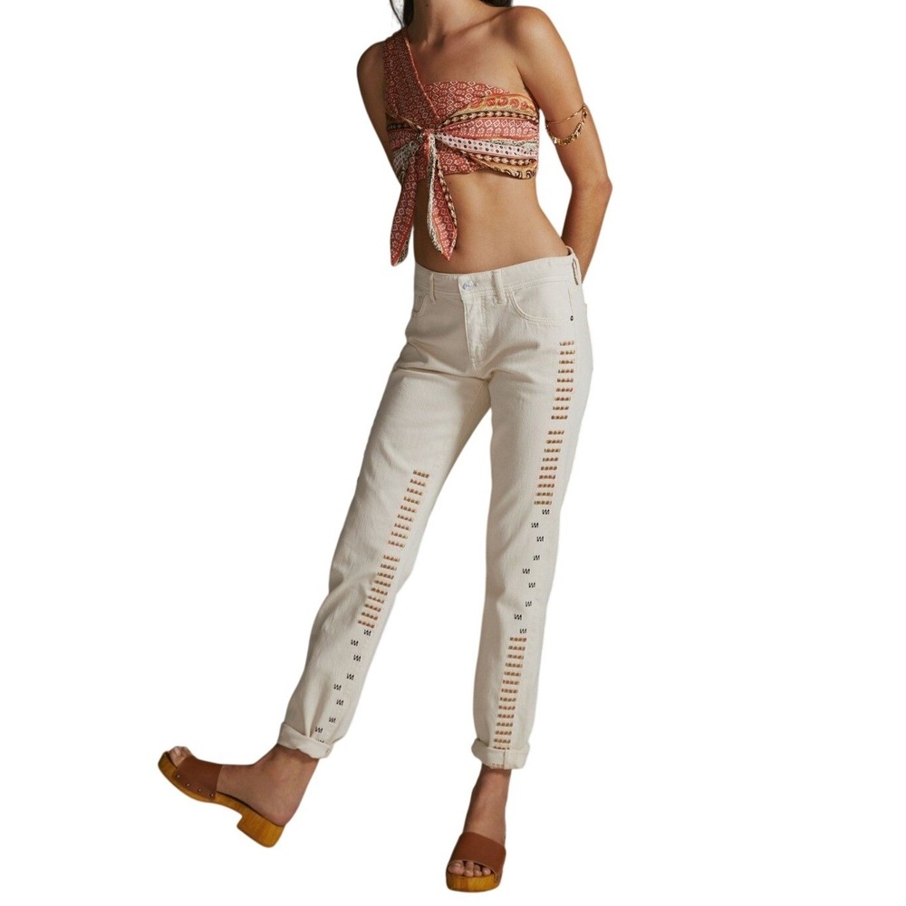 Pilcro Mid-rise Slim Straight Boyfriend Jeans 28 Ivory Embroidered Anthropologie